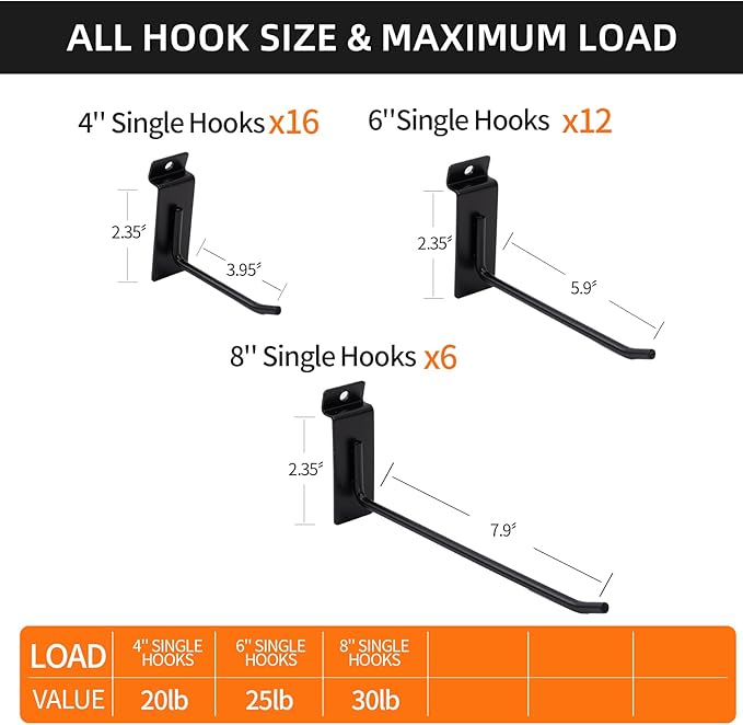 Slatwall Hangers & Hooks 34 Pcs 4-8 Inch, Metal Slatwall Paneling Hooks