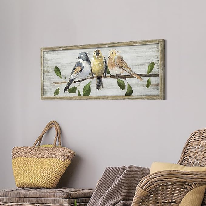 Rustic Bird Framed Wall Art: Vintage Animal Wooden Painting Abstract Colorful Cute Sparrow Picture Country Chubby Chickadee Prints Artwork Decor for Living Room Bedroom Farmhouse