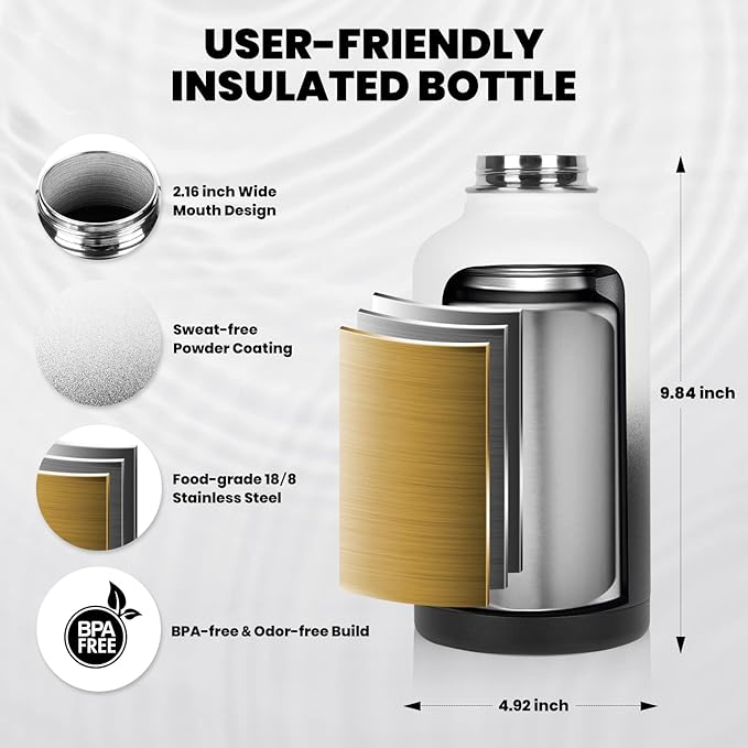 Insulated Water Bottle 64 oz, Triple Wall Vacuum Stainless Steel (Cold for 48 Hrs), Leak Proof & Non-BPA, Half Gallon Water Flask Jug with Paracord Handle & Straw Spout Lids, White/Black