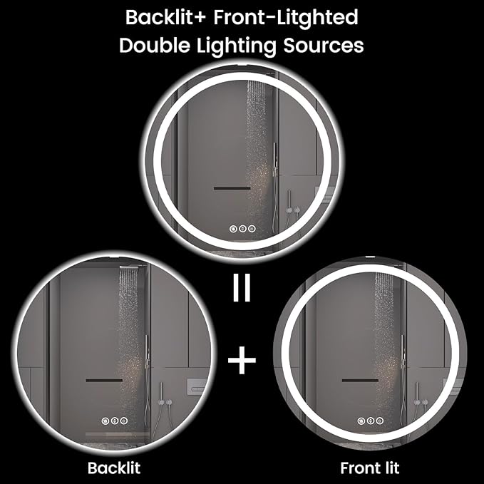 Round LED Bathroom Mirror with Lights, Backlit & Front Lighted, Wall-Mounted