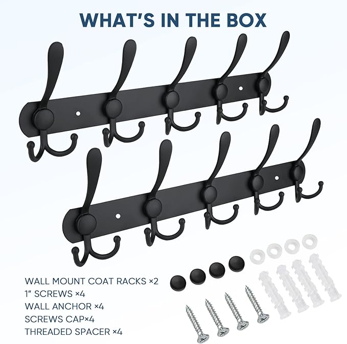 TICONN Wall Mounted Coat Rack, Five Heavy Duty Tri Hooks All Metal Construction