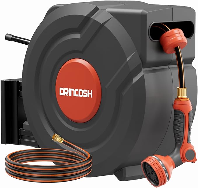 Upgraded Retractable Garden Hose 5/8 in x 115 ft Heavy Duty Wall-Mounted Hose Reel 180Â°Swivel Automatic Slow Return Any Length Lock 9 Pattern Nozzle UV Resistant (Black)