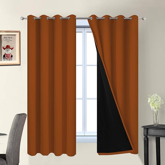 Yakamok Orange 100% Blackout Curtains, Total Blackout Lined Curtain Panels