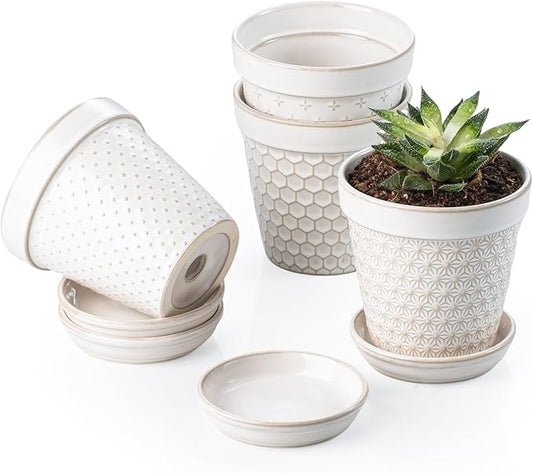 Ceramic Succulent Pots with Drainage Hole & Saucer, 4 Inch Small Plant Pots, Ceramic Planter for Indoor Plants, Embossed Flower Pots, Home Decor, Set of 4, Off-White