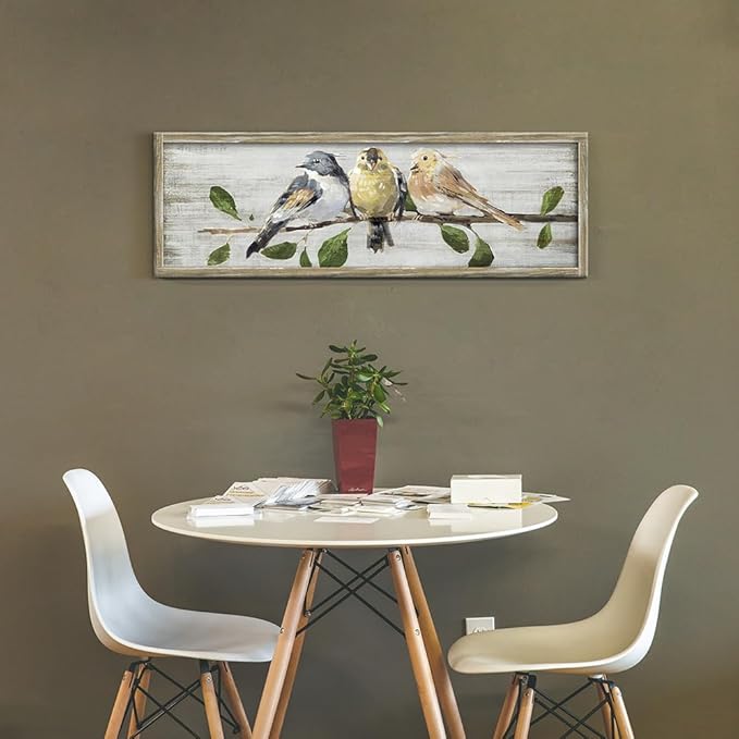 Rustic Bird Framed Wall Art: Vintage Animal Wooden Painting Abstract Colorful Cute Sparrow Picture Country Chubby Chickadee Prints Artwork Decor for Living Room Bedroom Farmhouse