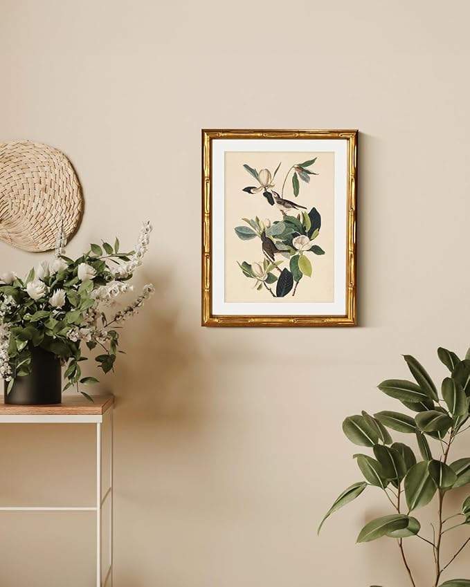 InSimSea Gold Bamboo Framed Canvas Wall Art, Neutral Bird Botanical Paintings