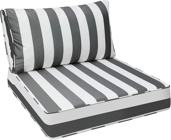 AAAAAcessories Outdoor Seat Cushions for Chairs, Fade-Resistant, Waterproof Patio Furniture Replacement Cushions, 23.5" x 25.5" x 5" + 23.5" x 13.5", Gray Cabana Stripe