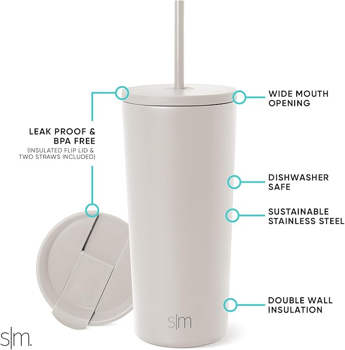 Simple Modern Insulated Tumbler with Lid and Straw | Iced Coffee Cup Reusable Stainless Steel Water Bottle Travel Mug | Gifts for Women Men Her Him | Classic Collection | 20oz | Almond Birch