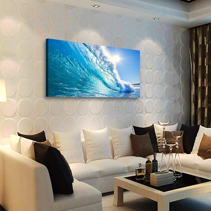 Haichuang Decor Art Framed Ocean Wave Wall Art, 48x24 Inch Large Horizontal Turquoise Sea Canvas Prints, Coastal Beach Nautical Wall Decor for Living Room Bedroom Bathroom Ready to Hang