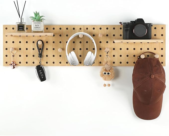 2 Pack Beige Wooden Pegboard, Modular Wall Organizer Storage Shelf