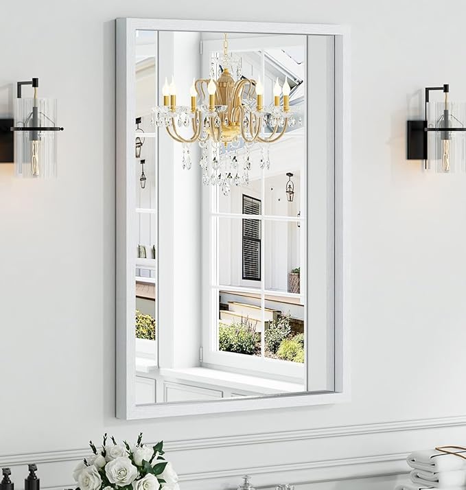Syndra White Wood Frame Bathroom Mirror, Waterproof Slim Deep Frame,