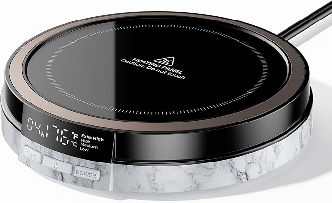 Coffee Mug Warmer for Desk, 50W Fast Heating Cup Warmer with Smart Display, 4 Temps & 12H Timer, Auto Shut Off for Tea, Milk, Hot Drinks - Marble Effect
