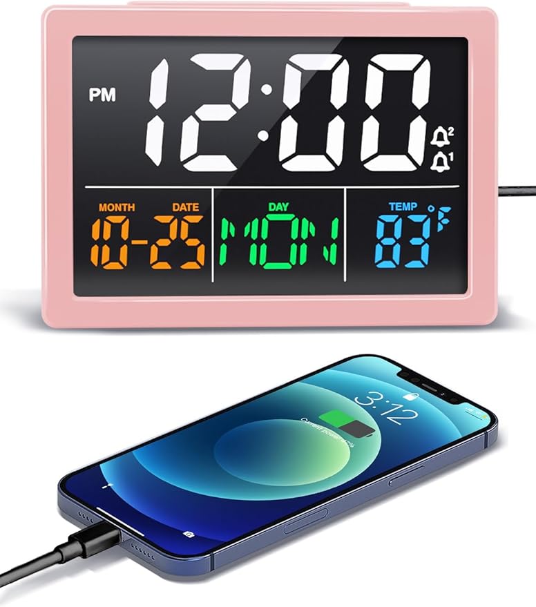 Digital Alarm Clock, with 5.5" Large LED Time Display, Adjustable Alarm Volume, 6 Level Brightness, Alarm Settings, USB Charger, Temperature Detect, Snooze, Clocks for Bedroom, Bedside, Desk, Pink