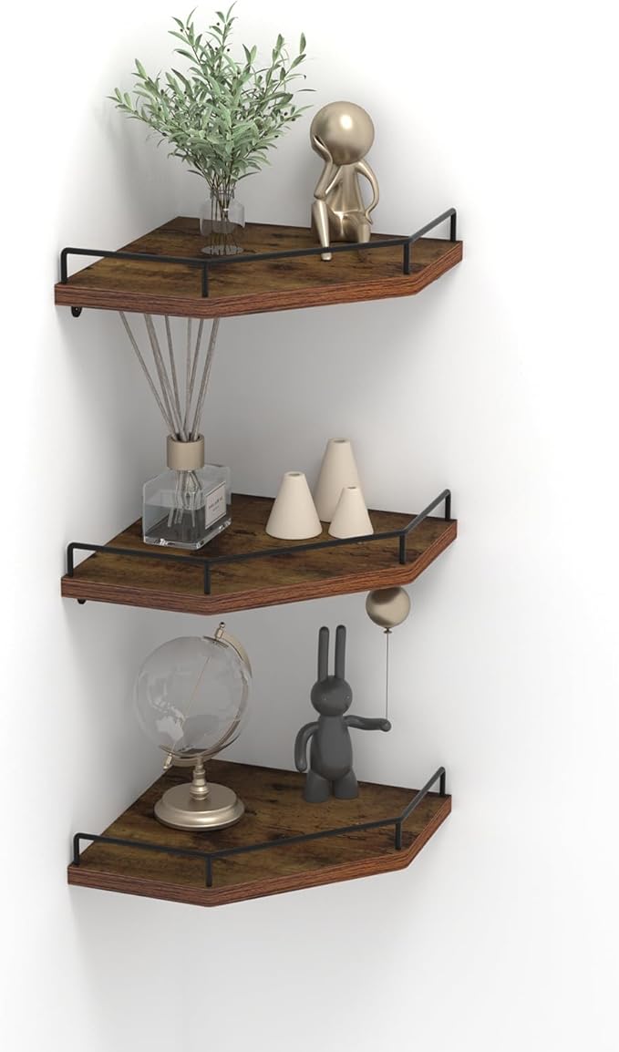 Trwcrt Corner Shelf Wall Mounted Set of 3, Floating Wall Shelves Rustic Wooden