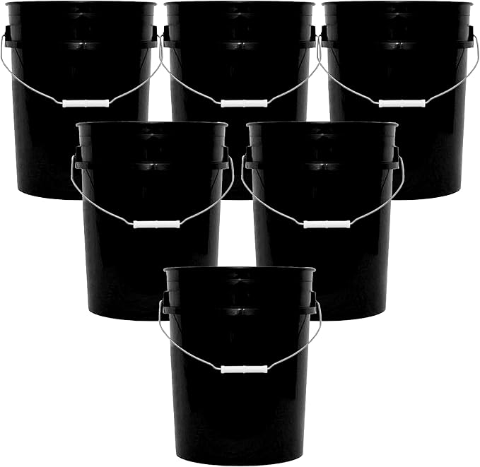 MKS Plastics 5-Gallon Bucket Only â No Lid Included, Made in USA, Food Grade BPA Free Plastic, Heavy Duty Multi-Use, Metal Handle with Grip, Stackable Storage â Black, 6 Pack