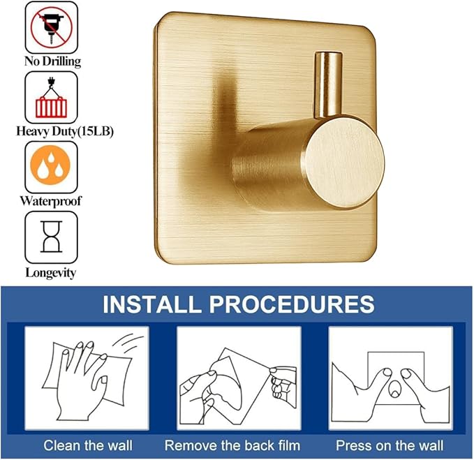 Fotosnow Gold Adhesive Hooks 15LB, Non Tarnish Sticky Hooks
