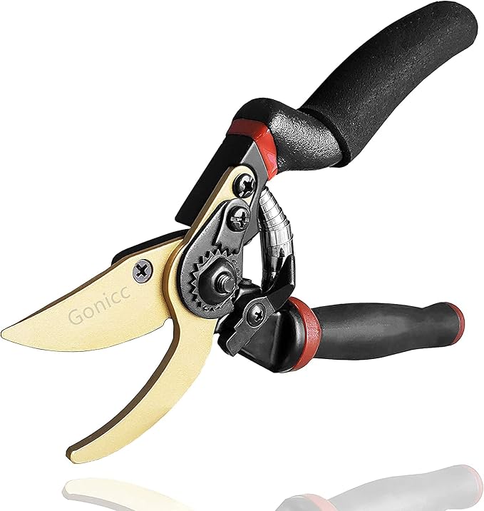 gonicc 8.5" Professional Rotating Bypass Titanium Coated Pruning Shears(GPPS-1014), Secateurs, Scissors, Pruners with Heavy Duty SK5 Blade. Soft Cushion Grip Handle for Everyone.