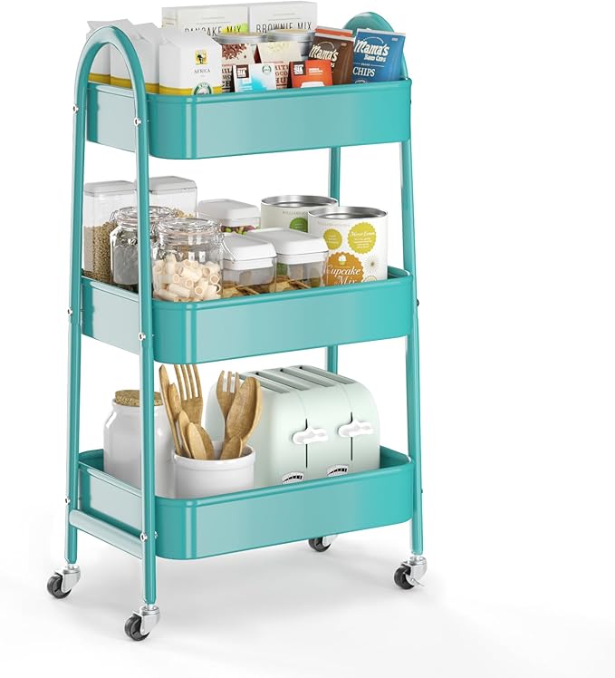 EAGMAK 3 Tier Utility Rolling Cart, Metal Storage Cart with Handle and Lockable Wheels, Multifunctional Storage Organizer Trolley with Mesh Baskets for Kitchen, Living Room, Office, Garage (Turquoise)
