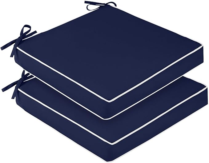 downluxe Waterproof Outdoor Chair Cushions Set of 2, 19" x 19" x 3" Patio Chair Cushion with Non-Slip Ties & Handle, Square Outdoor Cushion for Patio Furniture with Removable Cover, Navy/White