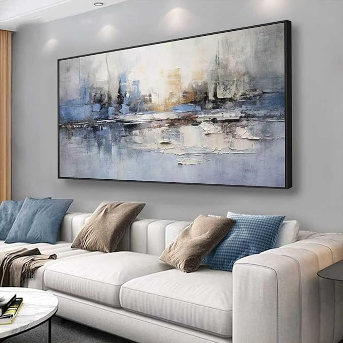 Abstract Wall Art Blue and White Reflection Large Size Framed Artwork Wall