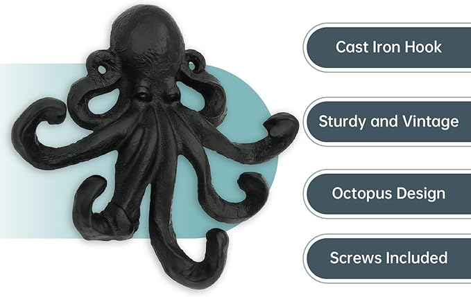 Octopus Cast Iron Wall Hook – Nautical Decorative Key Holder, Coastal Ocean