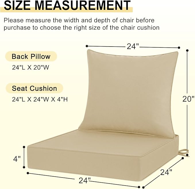 downluxe Outdoor Chair Cushions 24x24 with Removable Cover, Waterproof Patio Furniture Cushions, Deep Seat Cushions for Outdoor Furniture with Backrest for Sofa, Couch and Patio Chairs, Khaki