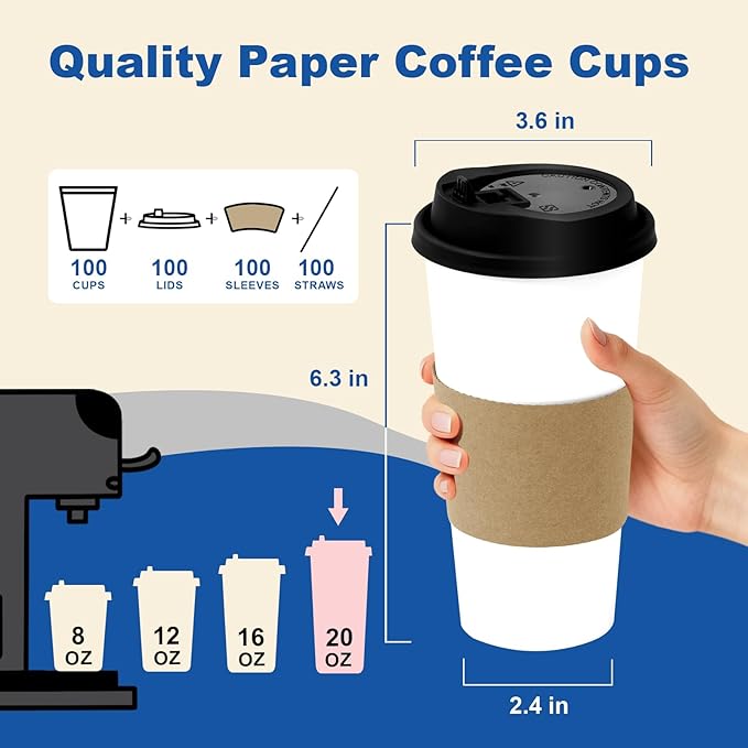 Coolcap 20 oz 100 Pack Coffee Cups with Lids and Sleeves, Straws, Hot Disposable To Go Travel Paper Cups Bulk for Office, Home Coffee Bar Accessories, Chocolate, Cocoa, Beverage (White)