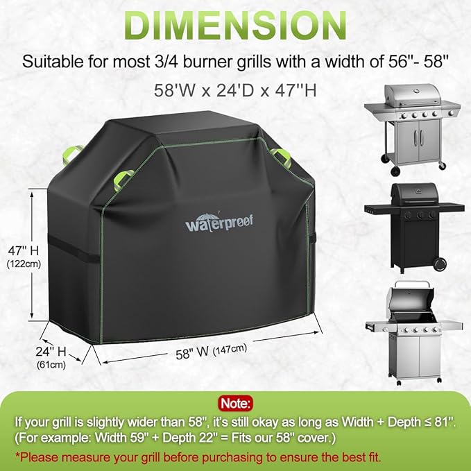 Grill Cover, 58 inch BBQ Grill Cover for Outdoor Grill, 420D Waterproof Fabric, UV & Fade Resistant, All-Weather Barbecue Gas Grill Cover with Handles, Straps & Adjustable Drawstring