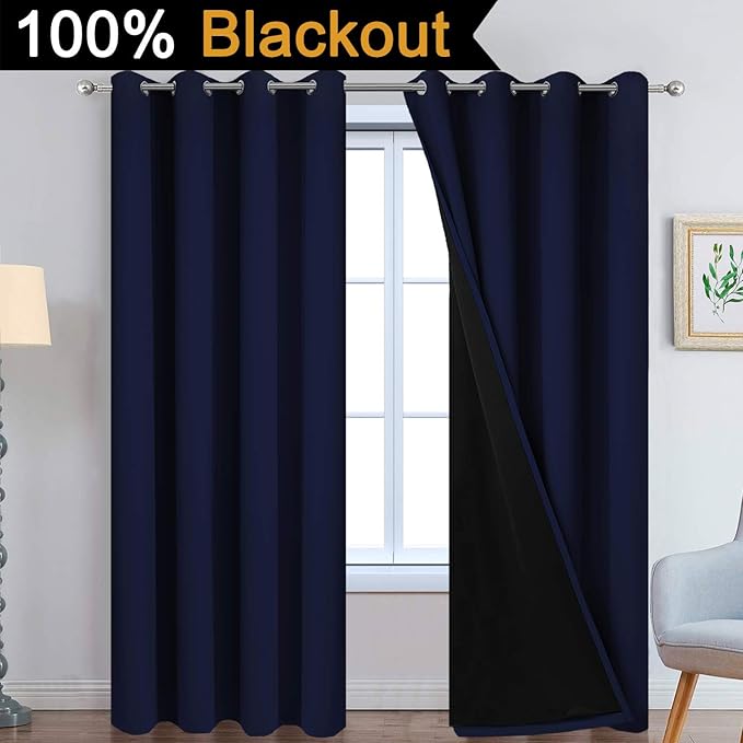 Yakamok Navy Blue 100% Blackout Curtains Energy Saving Thermal Insulated 2