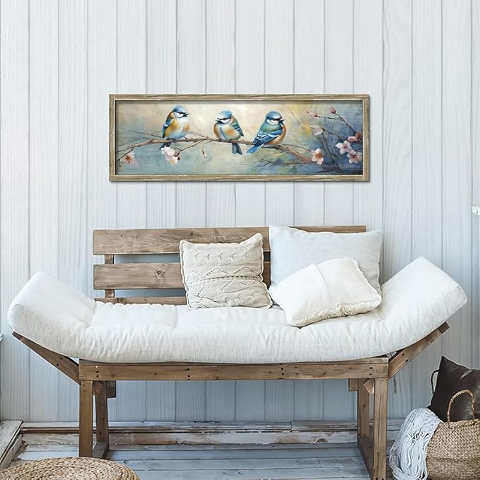 Colorful BlueBird Wooden Wall Art: Rustic Bird Framed Painting Vintage Sparrow Picture Cute Chickadee on Flower Branch Prints Countryside Artwork Decor for Living Room Bedroom Farmhouse