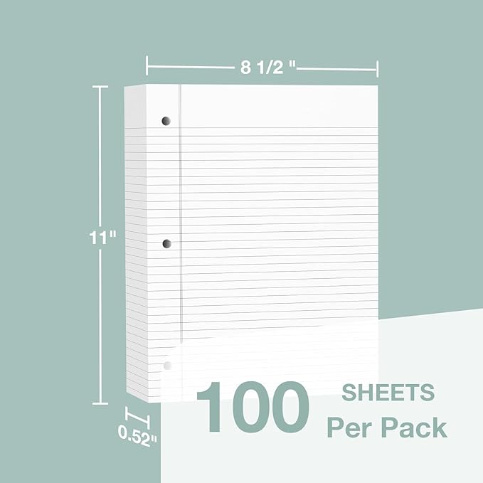 POPRUN Loose Leaf Paper, 8.5" x11" Wide Ruled, 100GSM / AA Grade Bulk Lined Filler Sheets, 3 Hole Punched for Binder Notebook, Office School Supplies, 3 Pack (300 Sheets)