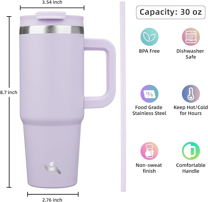 30 oz Tumbler with Handle and 2 Straws,2 in 1 Lid Insulated Water Bottle Stainless Steel Travel Coffee Mug,Wisteria