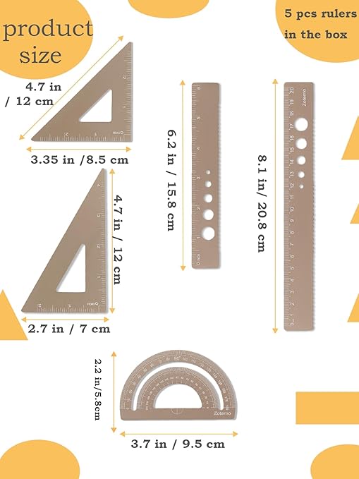 Zotemo Metal Geometry Set, 5-Piece Aluminum Ruler, Math Drafting Ruler Kit Includes Protractor, Triangle Rulers, Straight Rulers-Math Measurement Tools for School and Office Supplies (Gold)
