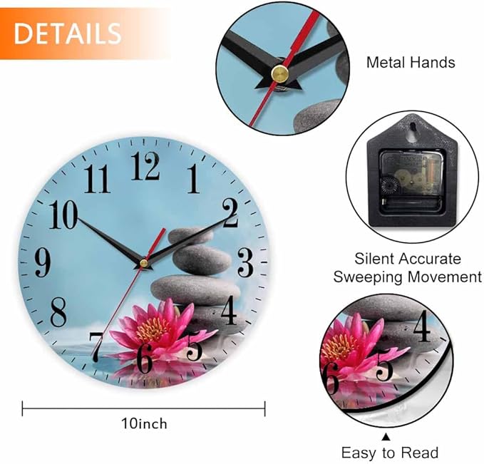 Mxocom Meditation Wall Clock Water Lily and Zen Stone Natural Still Relax 10