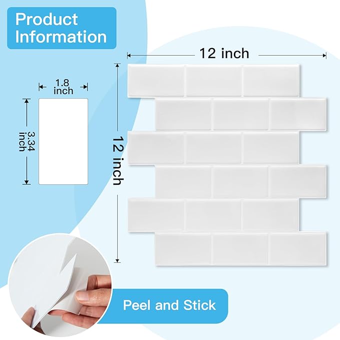 Art3d Peel and Stick Backsplash Tiles – 12"x12" White Washed Thicker Design