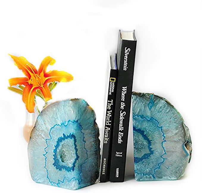 JIC Gem Teal Agate Bookends Geode Book Ends for Bookshelf Decor Decorative Bookends for Shelves Unique Cute Teal Decor with Rubber Bumpers (1 Pair, 3-4 Lbs)