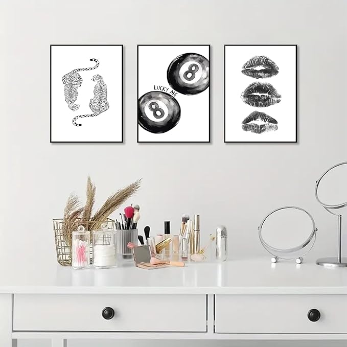 BOKPEN Trendy Black and White Leopard Canvas Wall Art, Funky Y2k Lucky 8 Ball