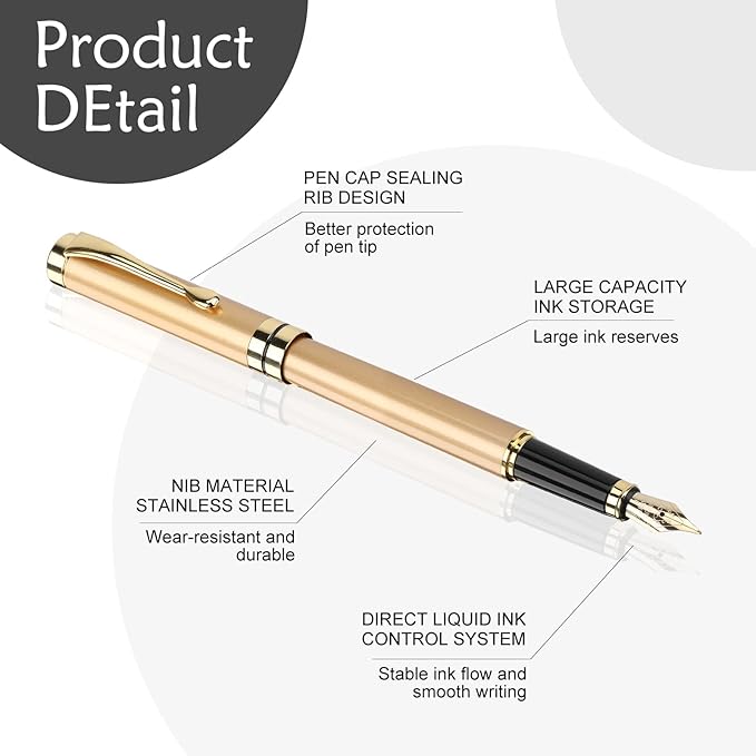 Tiankool Luxury Fountain Pen,Fine Nib, Exquisite Pen Gift Set for Men&Women-Includes 10 Ink Cartridges&Ink Converter- Nice Pens - Gold