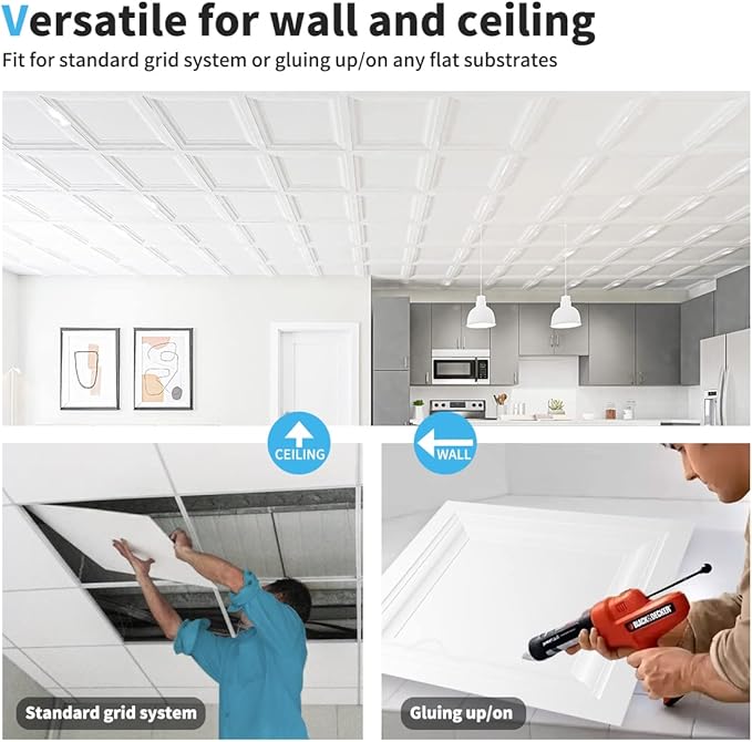 Art3d 12-Pack Square Drop Ceiling Tile 2ft x 2ft in White, PVC Ceiling Panel 24