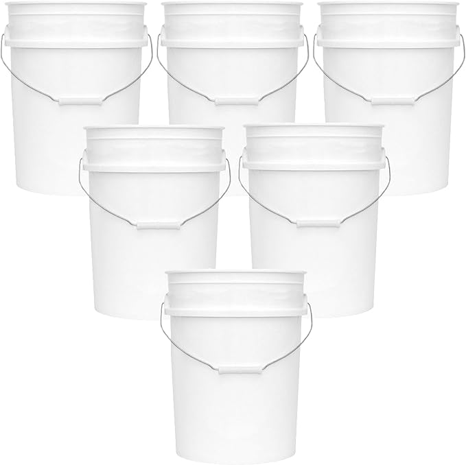 MKS Plastics 5-Gallon Bucket Only â No Lid Included, Made in USA, Food Grade BPA Free Plastic, Heavy Duty Multi-Use, Metal Handle with Grip, Stackable Storage â White, 6 Pack