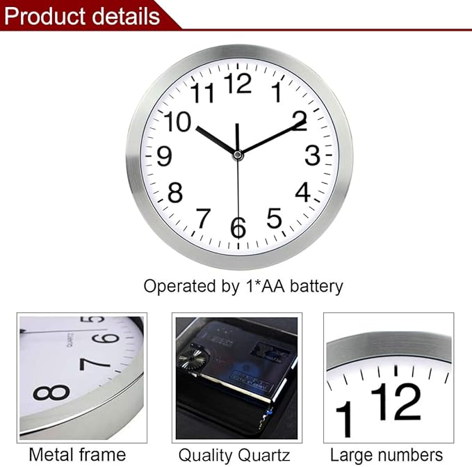 SIN&MI Wall Clock Metal Frame Glass Cover Non-Ticking Number Quartz Wall Clock
