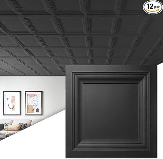 Art3d 12-Pack Square Black Drop Ceiling Tile 2ft x 2ft, PVC Ceiling Panel 24 x
