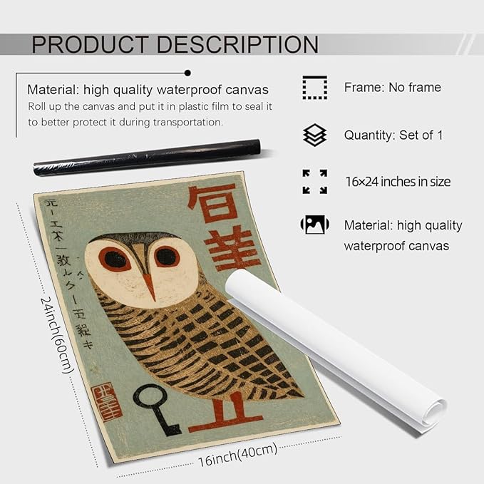 Heltrappe Vintage Japanese Canvas Wall Art Owl Poster Mid Century Animal Print