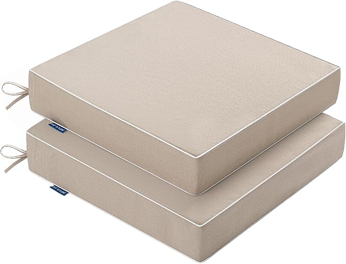 MIULEE Beige Outdoor Chair Cushions Set of 2, 18.5x16x3 Inch Waterproof Patio Seat Cushions for Outdoor Furniture Couch Sofa, 3 Year Color Fastness High Density Foam with Adjustable Ties