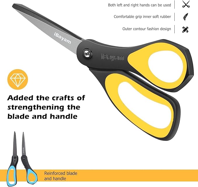 Scissors, iBayam 3 Pack 8" All Purpose Nonstick Scissors, 2.5MM Thickness Titanium Blades with Comfort Grip, Heavy Duty Shears for Office School Home Classroom General Use Art and Craft DIY Supplies