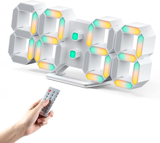 3D LED Digital Wall Clock 9.7" RGB Neon Alarm Clock, Large Display Desk/Wall
