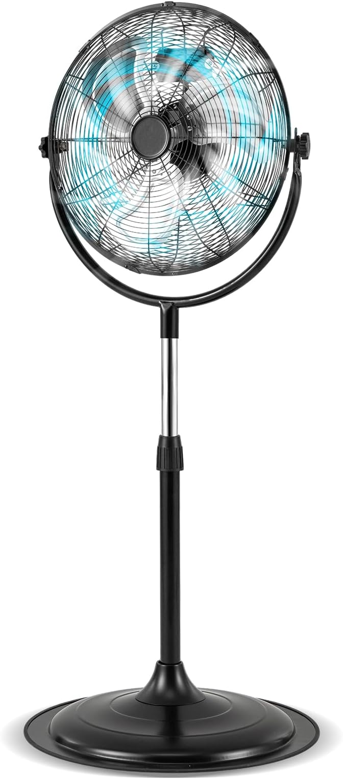 LDAILY High-Velocity Pedestal Fan, 18ââ Metal Oscillating Fan with 4012CFM Airflow, 3 Speed, 360 Degree Tilt & Adjustable Height, Black Standing Fan for Bedroom, Home, Office, Garage (18 Inch)