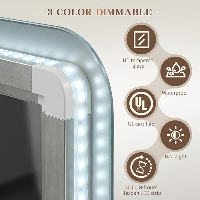 EOGOW LED Bathroom Mirror with Lights, 3 Colors Bathroom Mirror, Wall Mounted