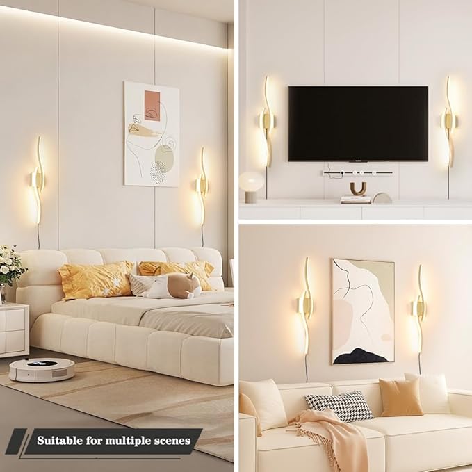 Daunton Modern Gold Plug in Wall Sconce Set of 2, Indoor Dimmable Light Fixture