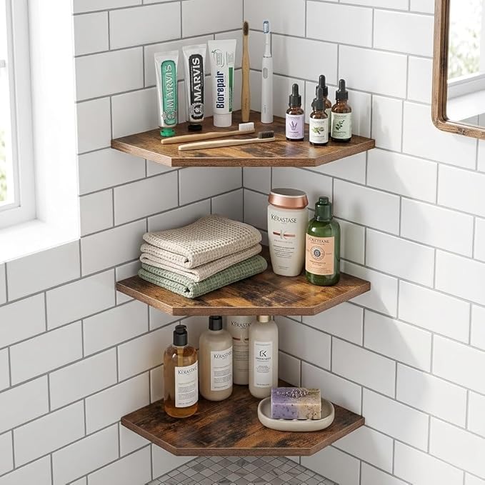 SUYU Set of 3 Floating Corner Shelves, 11.8" Rustic Wood Corner Shelf Wall